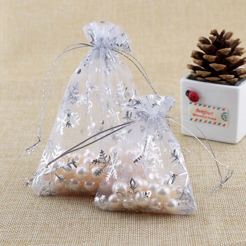 Picture of White Christmas Organza Bags Printed with Snowflake Pattern