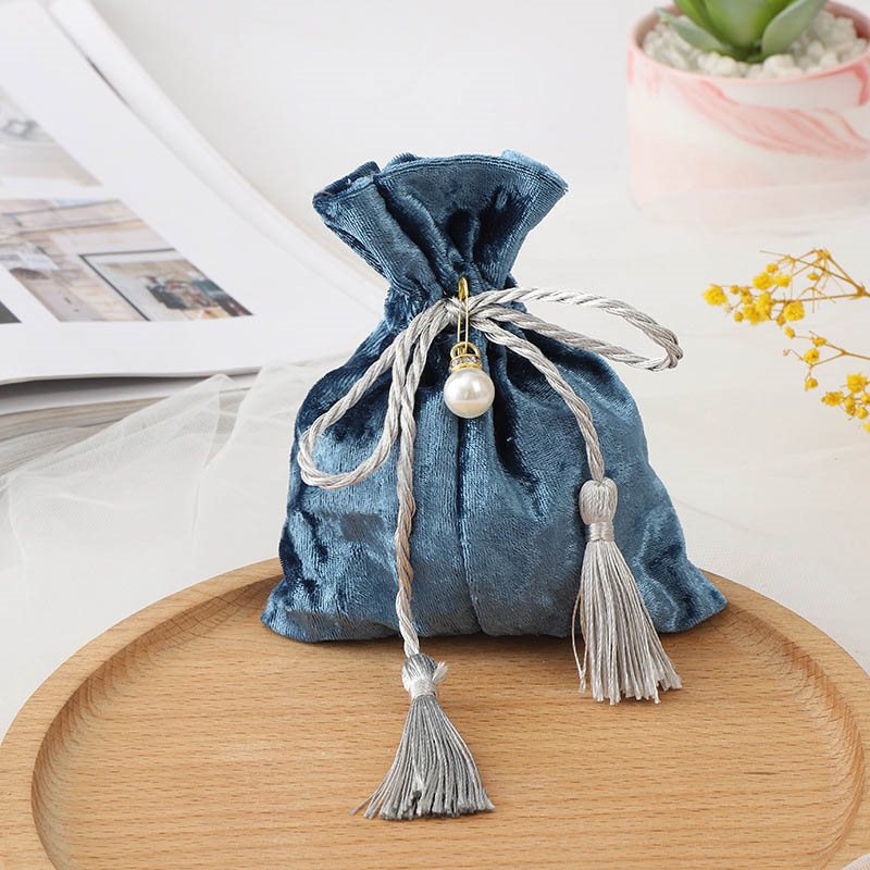 Picture of Navy Blue Velvet Pouch With Tassels