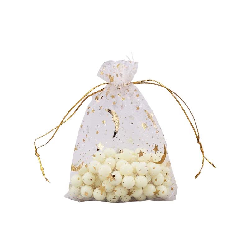 100pcs White Organza Bags Printed with Gold Stars - 5 Sizes, 