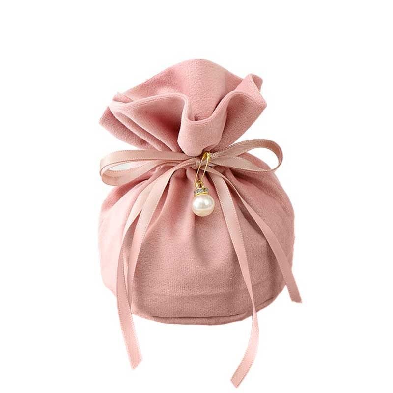 Picture of Pink Velvet Gift Pouch - Wide Round Flat Bottom
