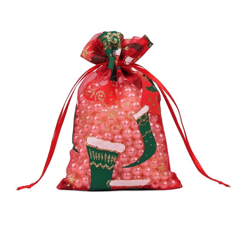 Picture of Red Organza Bags With Christmas Stocking Print