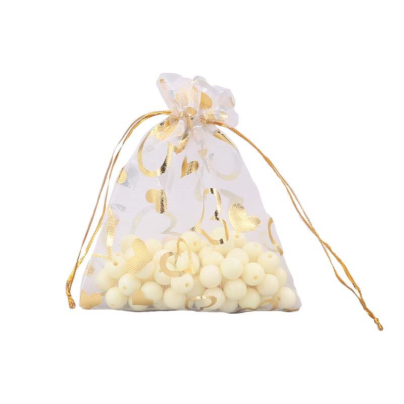 Picture of White Organza Bags Printed with Gold Hearts