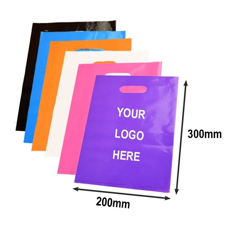 Custom Printed Plastic Bags with Die-Cut Handles 200x300mm - MOQ 500