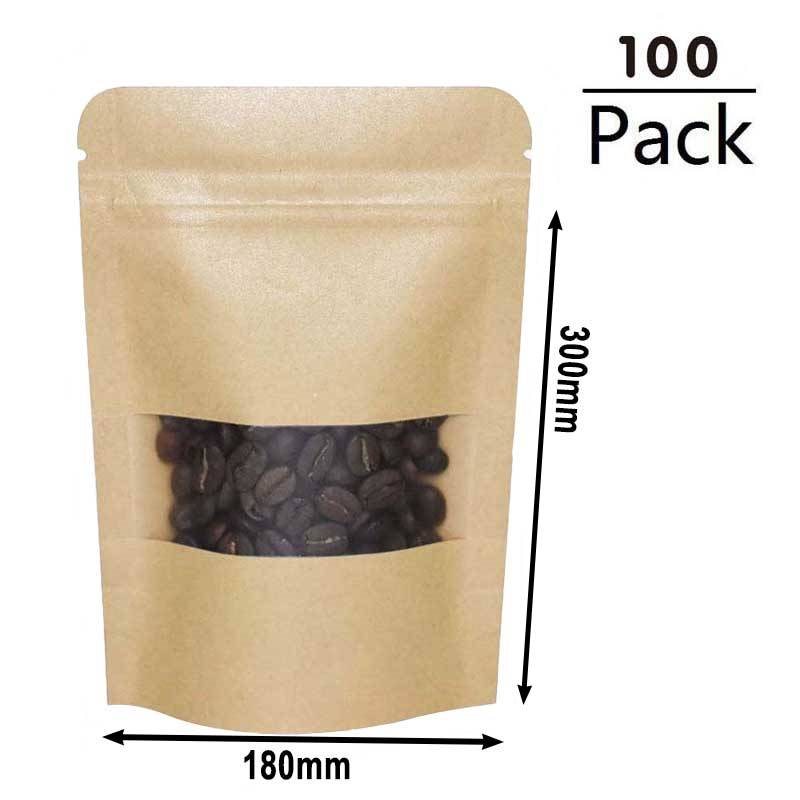 600g Kraft Stand Up Pouches with Window 180x300x50mm - 100pcs