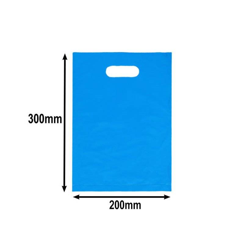 100pcs Small Blue Plastic Carry Bags with Die Cut Handles 200x300mm