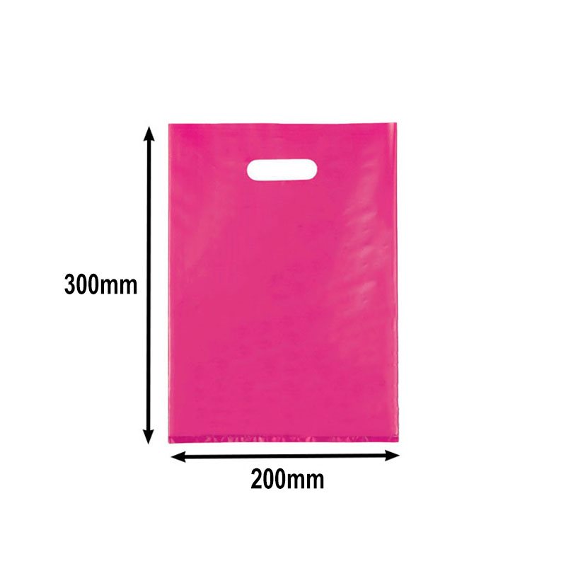 100pcs Small Hot Pink Plastic Carry Bags with Die Cut Handles 200x300mm