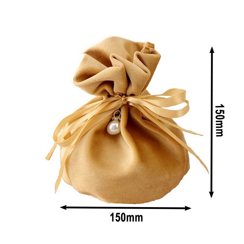 10pcs Gold Velvet Bags with Pearl Round Flat Bottom 150x150mm