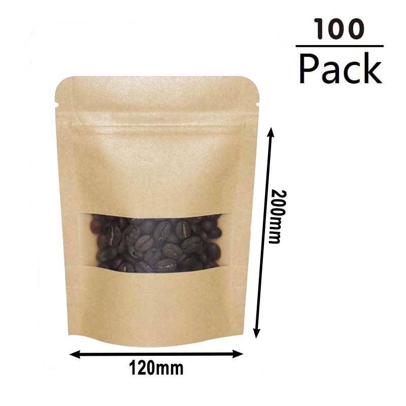 120g Kraft Stand Up Pouches with Window 120x200x40mm - 100pcs