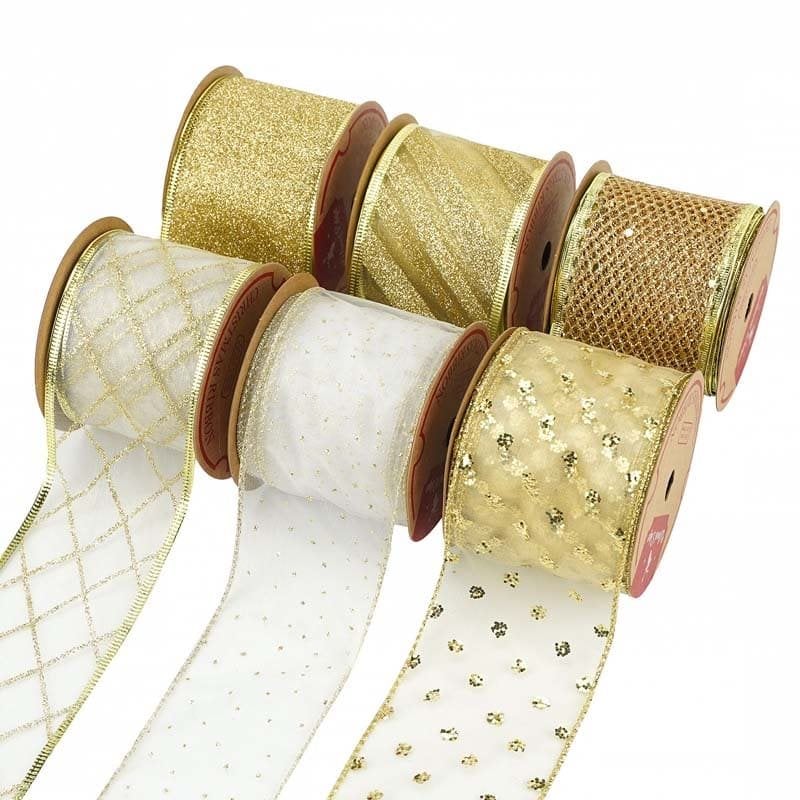 Gold Glitter Christmas Organza Ribbon Swirl Wired 63mmx5M - 6 Rolls sku image