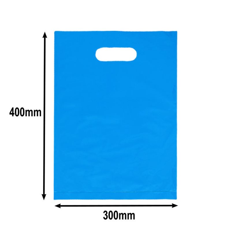 100pcs Large Blue Plastic Carry Bags with Die Cut Handles 300x400mm