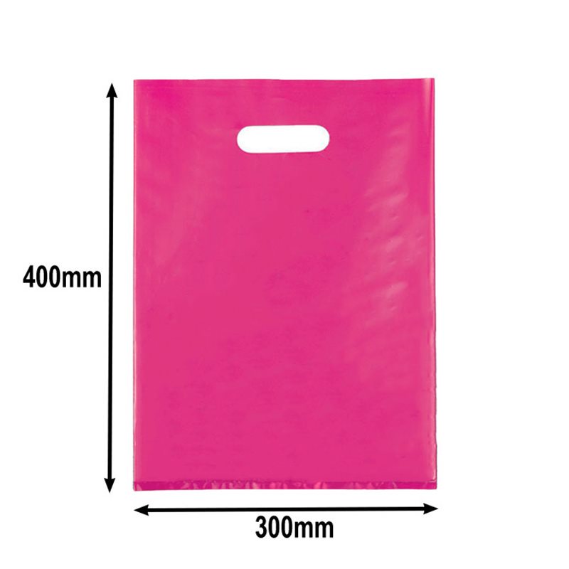 100pcs Large Hot Pink Plastic Carry Bags with Die Cut Handles 300x400mm