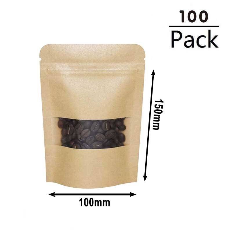 50g Kraft Stand Up Pouches with Window 100x150x30mm - 100pcs