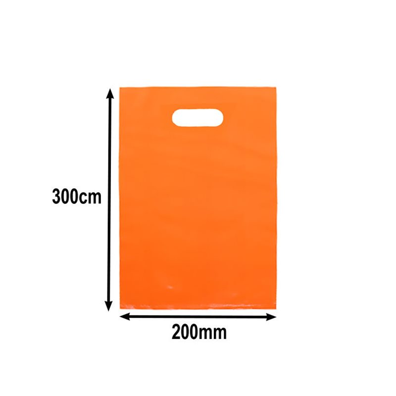 100pcs Small Orange Plastic Carry Bags with Die Cut Handles 200x300mm