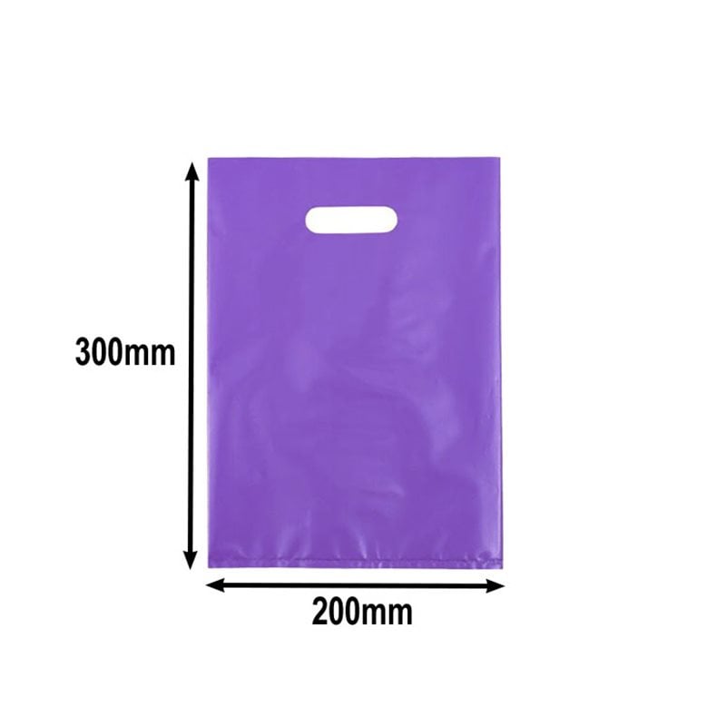 100pcs Small Purple Plastic Carry Bags with Die Cut Handles 200x300mm