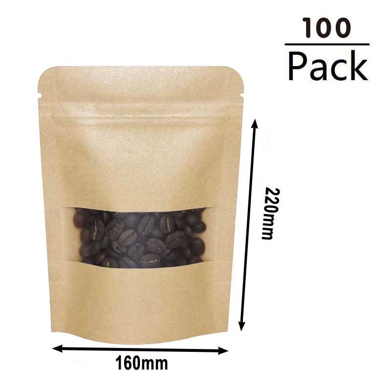 300g Kraft Stand Up Pouches with Window 160x220x40mm - 100pcs